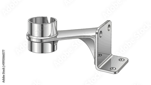 Polished metal bracket with clamp and mounting holes, isolated on white background.