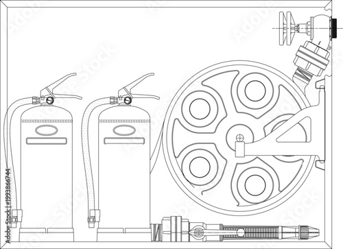 Technical line drawing of fire safety equipment including two fire extinguishers, a fire hose reel, hydrant valve assembly, and nozzle coupling.