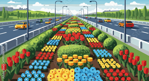 Highway with colorful flower bed median, traffic, and rural landscape background. Vector illustration