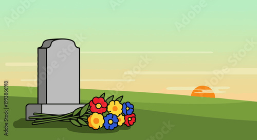 Tombstone with colorful flowers at sunset in cemetery vector illustration