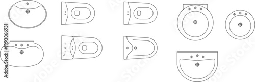 Technical architectural plan view of nine bathroom fixtures including various sink basins and toilet bowls in different shapes and configurations.
