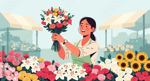 Happy female florist arranging colorful bouquet at outdoor flower market stall