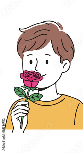 Young person smelling pink rose illustration on black background