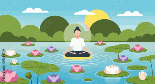 Woman meditating in lotus pose on tranquil pond with lily flowers