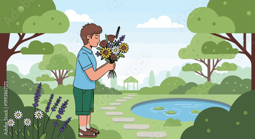 Young man smelling bouquet of flowers in peaceful botanical garden