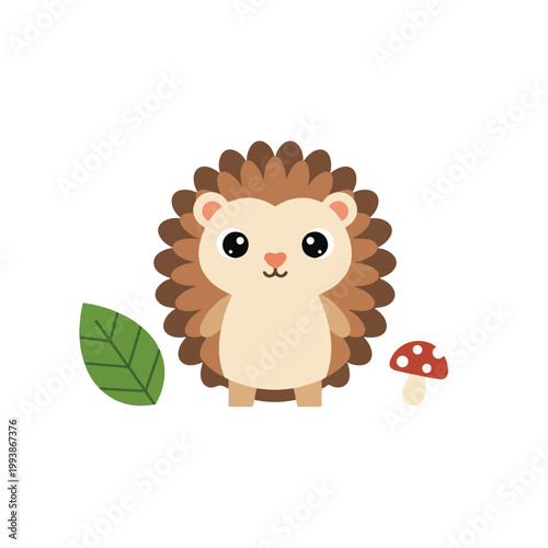 A cute cartoon hedgehog vector illustration featuring a round brown animal, a green leaf, and a red mushroom on a clean white background.
