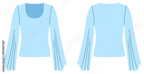 Blue long sleeve scoop neck top with wide flared sleeves, soft silhouette and flowing construction, clean shaping and minimal seams. Technical fashion illustration in flat color, front and back views