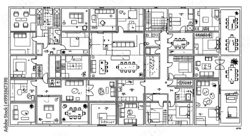 architectural floor plan illustrating apartment layouts with modern home furnishings interior design for residential development.