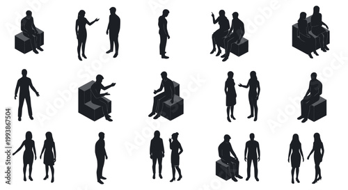 collection of isometric black silhouette figures in various poses and interactions