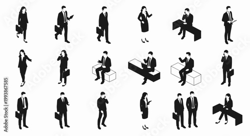 isometric business people silhouettes in black and white office and professional life