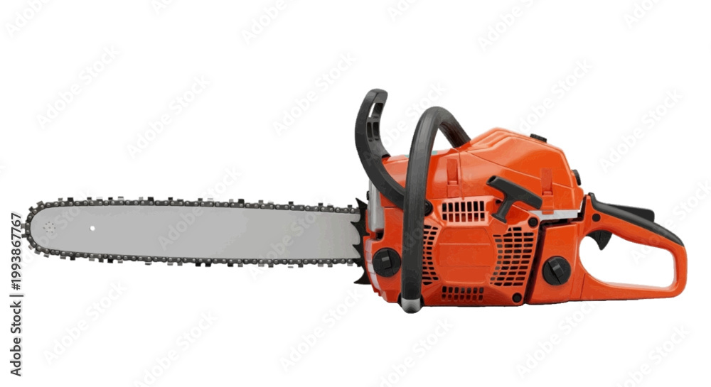 Fototapeta premium Minimal black silhouette icon, simple flat vector, bold black shape, no, no shading professional orange chainsaw on a, flat icon style