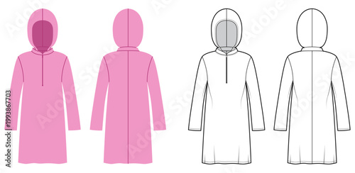 Hooded long sleeve dress relaxed silhouette, clean construction lines minimal shaping, soft structure casual proportions. Technical fashion illustration in black white color, front back views, CAD