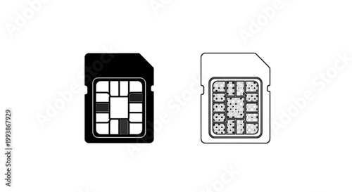 Minimal black silhouette icon, simple flat vector, bold black shape, no, no shading comparison of a standard sim card and a sim card with a complex chip layout on a, flat icon style