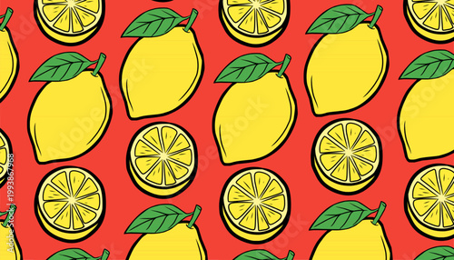 Lemon seamless pattern illustration. Citrus fruit repeat background. Slice outline minimal style. Fresh summer texture design. Food wrapping surface.