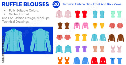 Ruffle Blouses collection featuring editable technical fashion flats with front and back views, color versions, gathered details and soft feminine silhouettes. Vector illustration