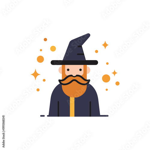 Flat illustration of a wizard with a beard and hat, surrounded by magical sparkles.