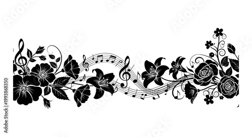 Floral Music Border Design - Black and White Illustration