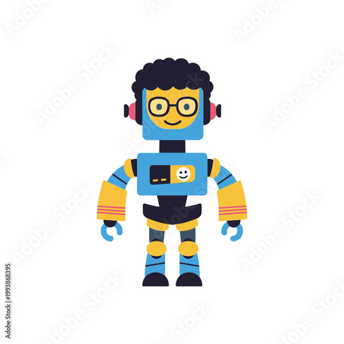 Friendly Cartoon Robot Character with Glasses and Curly Hair