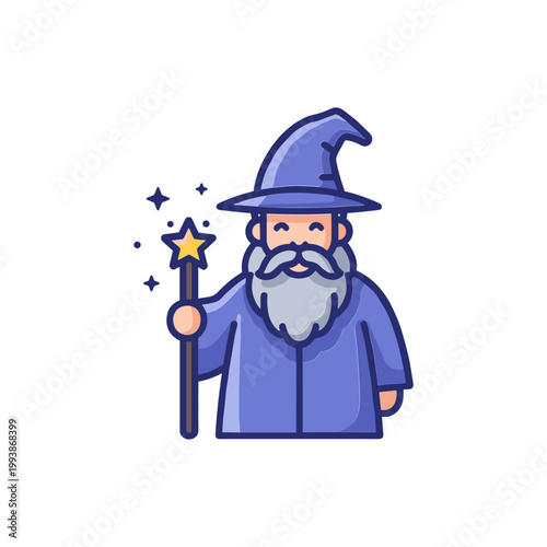 Friendly cartoon wizard with a magic wand and pointed hat casting spells with stars
