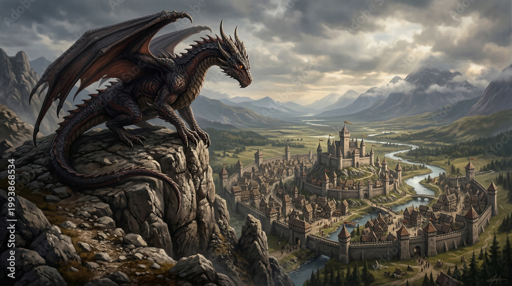 Fototapeta premium Dragon Guardian of the Citadel: A majestic dragon perches atop a rocky peak, its gaze fixed upon a sprawling citadel nestled amidst a verdant valley, under a dramatic, overcast sky. 