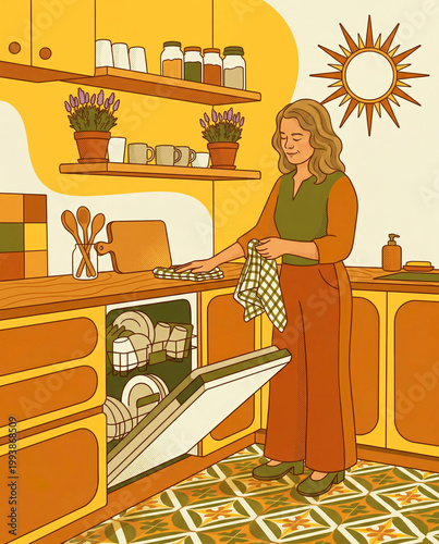 House cleaning and tidying concept, young woman loading dishwasher in retro boho kitchen, warm flat illustration for blog, housekeeping service, poster and web design