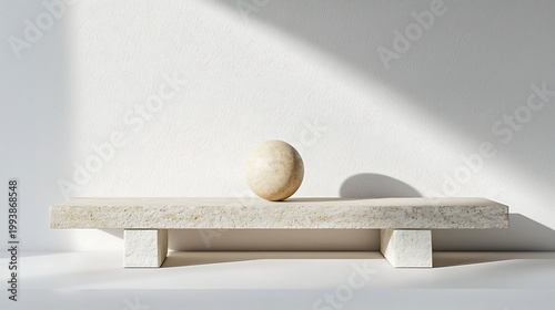 Stone Sphere on Stone Plinth: A minimalist composition showcasing an egg-shaped stone sphere elegantly balanced on a rough-hewn stone plinth.