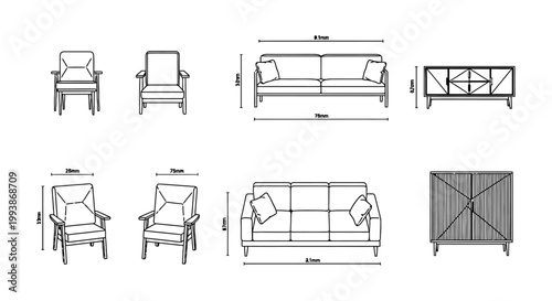architectural furniture symbols set of modern chairs sofas and cabinets with dimensions for interior design and floor plans.