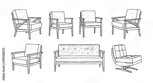 mid-century modern furniture illustrations with various chairs and a sofa hand-drawn vector line art perfect for interior design and architectural plans.