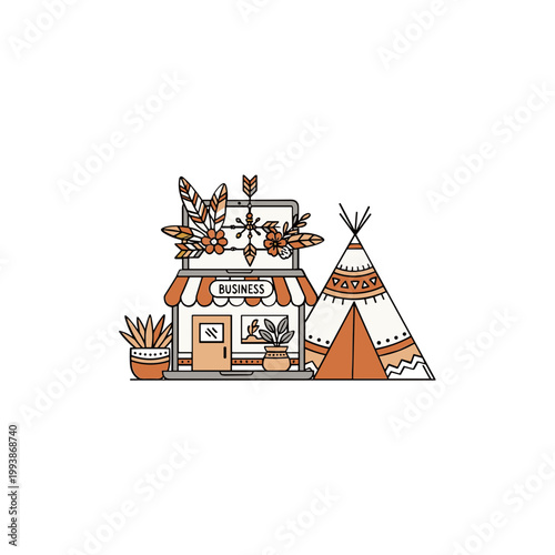 Hand-drawn Native American Village Scene with Teepee and Storefront