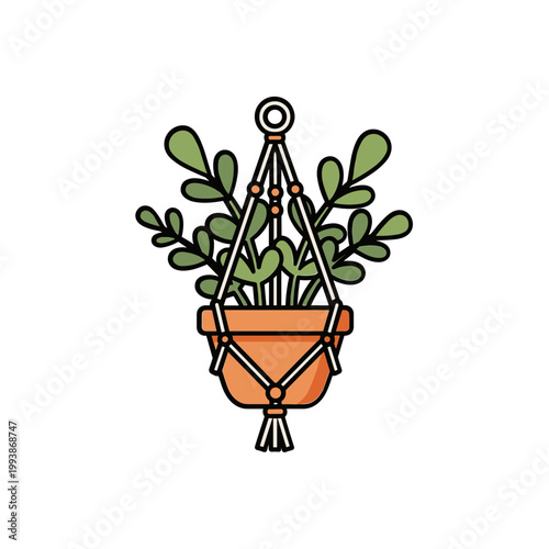 Hand-drawn potted plant in macrame hanger, minimalist illustration, isolated on white background