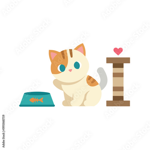 A cute cartoon kitten sits patiently between its blue food bowl with a fish icon and a brown scratching post topped with a pink heart.