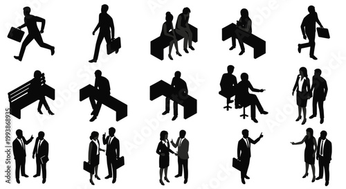 business people in silhouette meeting and working in isometric perspective