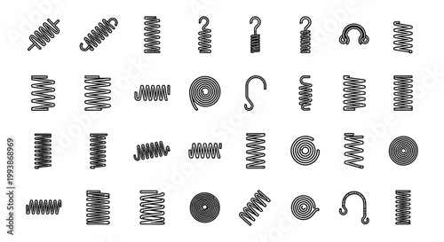 spring coil icon set depicting various mechanical tension compression and torsion springs perfect for engineering and industrial design.