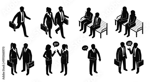 isometric black silhouettes of business people communicating walking and sitting a versatile vector set for corporate use.