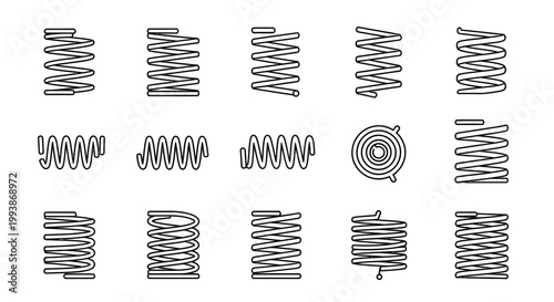 spring coil and helical springs vector set featuring various mechanical engineering and elastic elements for industrial design.