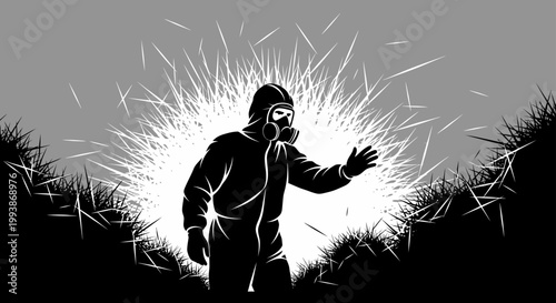 a person in a protective hazmat suit and gas mask stands in a hazardous biohazard environment symbolizing safety and crisis response.