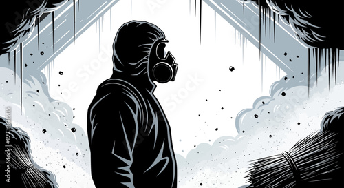 a person in a protective suit and gas mask surveys a toxic environmental disaster symbolizing pollution and post-apocalyptic danger.