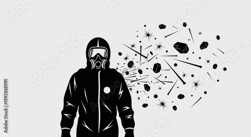 hazmat suit gas mask protect from flying debris in hazardous environment asbestos risk industrial safety.