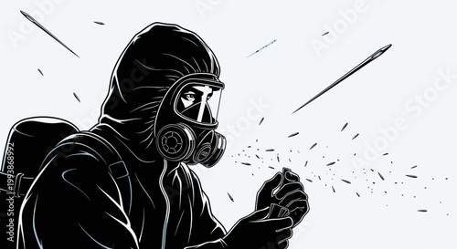 person in hazmat suit with a gas mask spraying against flying needles illustrating vaccination and disease prevention for public health safety.