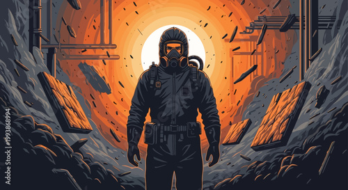 hazmat suit expert standing in a dangerous industrial disaster zone with falling debris and a toxic orange glow symbolizing crisis and survival