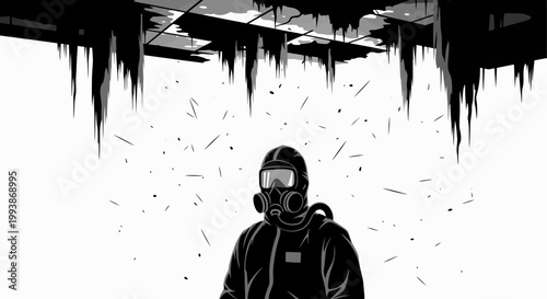 hazmat suit figure with gas mask under dripping contaminated ceiling depicting a toxic environment and disaster crisis.