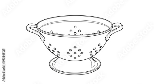 Simple line art drawing of a kitchen colander with handles and a base.