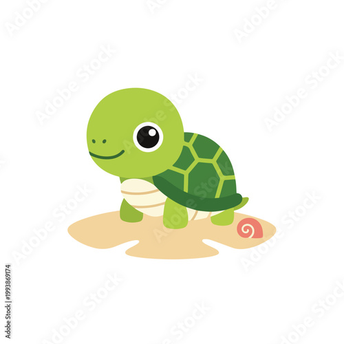 A cute green cartoon turtle with a shell is sitting on sand next to a pink snail shell, featuring a smiling face and large eyes.