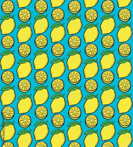 Lemon seamless pattern illustration. Citrus fruit repeat background. Slice outline minimal style. Fresh summer texture design. Food wrapping surface.