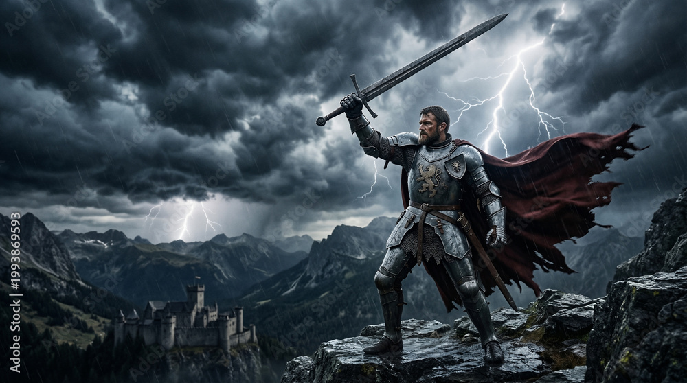 Fototapeta premium Knight with Sword: A lone knight, armored in shining steel, stands atop a rugged peak, brandishing a gleaming sword towards a stormy sky as lightning illuminates the scene.