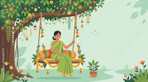 A young Indian woman sitting on a beautifully decorated floral swing under a large tree.