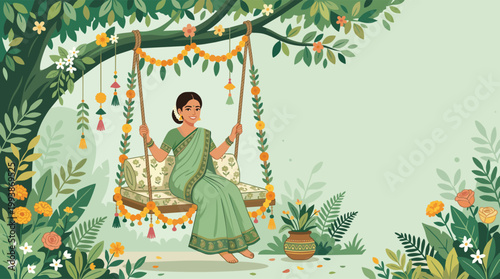 Indian woman sitting on a floral swing under a tree during a traditional festive holiday celebration