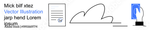 Data security, cloud storage, document approval, digital fingerprinting, technology integration, business processing. Paper document, cloud icon and a fingerprint scanner. Data security and cloud