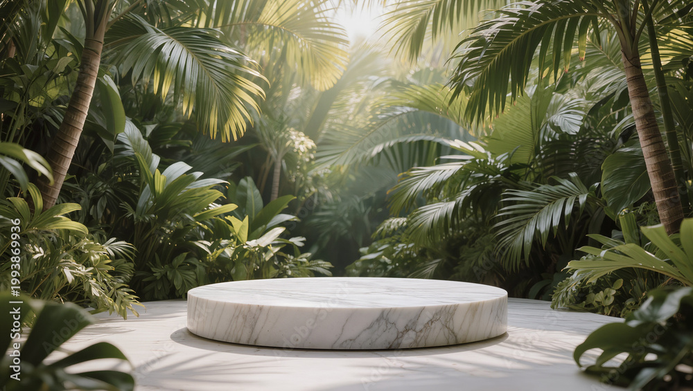 Fototapeta premium Marble Pedestal Display in Lush Tropical Jungle Setting