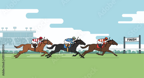 Horses racing to the Belmont Stakes finish line at the track